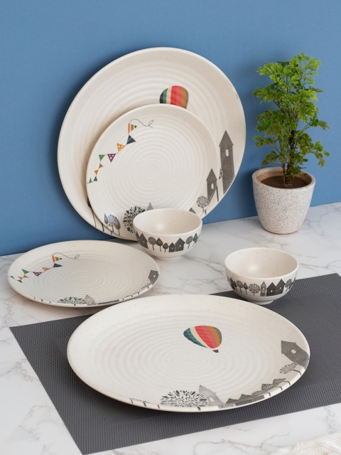 LIVING ROOTS Cream-Coloured & Grey 24 Pieces Printed Melamine Glossy Dinner Set