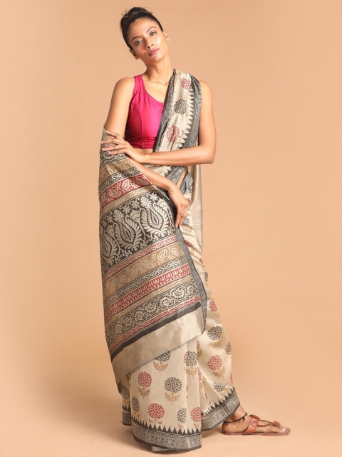 Indethnic Black & Beige Floral Printed Saree