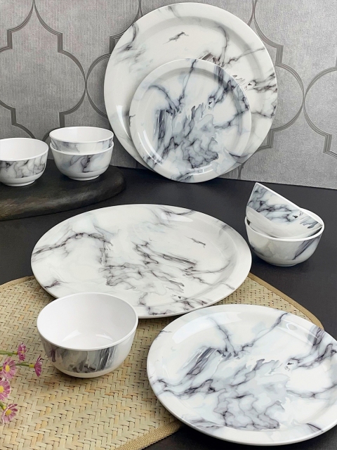 LIVING ROOTS Set of 18 MultiColour Printed Melamine Glossy Dinner Set, White