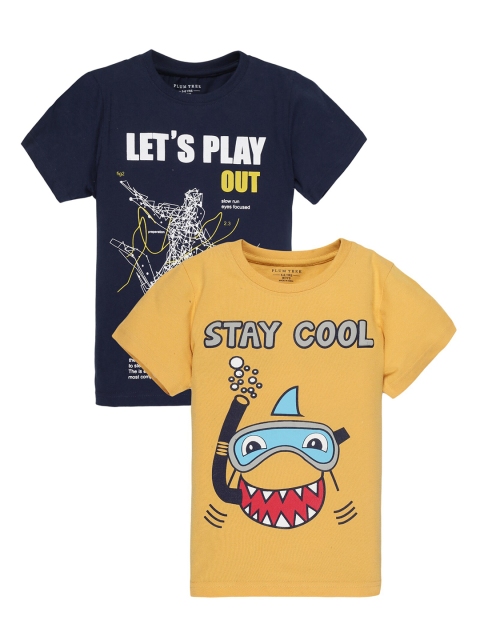 PLUM TREE Boys Pack of 2 Typography Printed Pure Cotton T-shirts, Navy blue