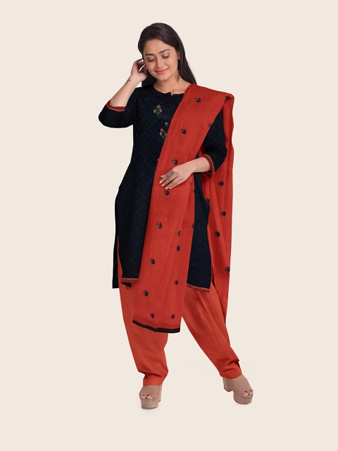 Pothys Navy Blue & Red Embroidered Unstitched Dress Material
