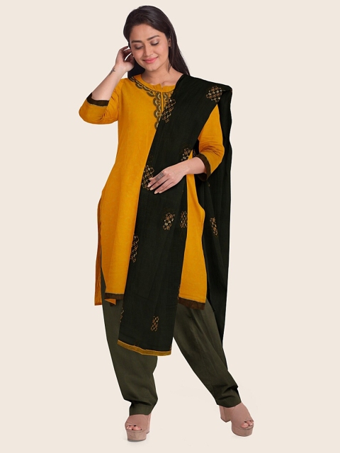 Pothys Yellow & Black Printed Unstitched Dress Material