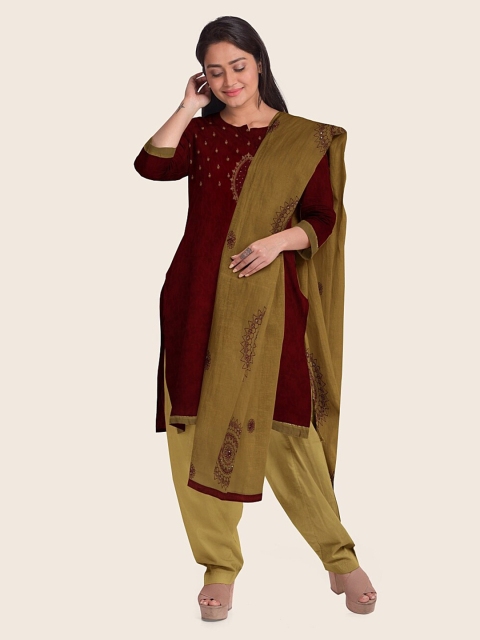 Pothys Maroon & Beige Embroidered Unstitched Dress Material