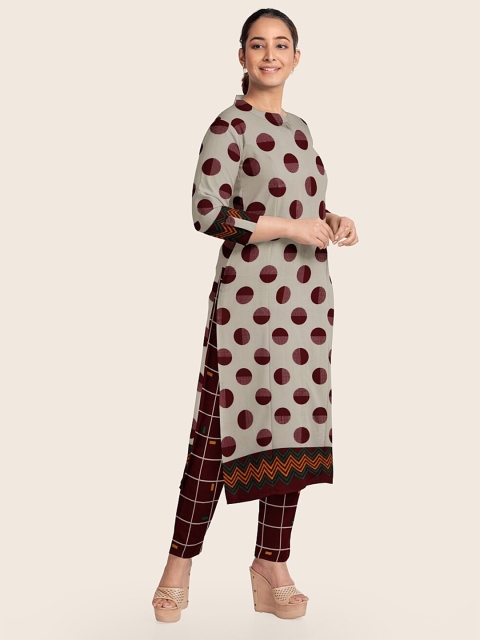 Pothys Cream-Coloured & Maroon Printed Unstitched Dress Material