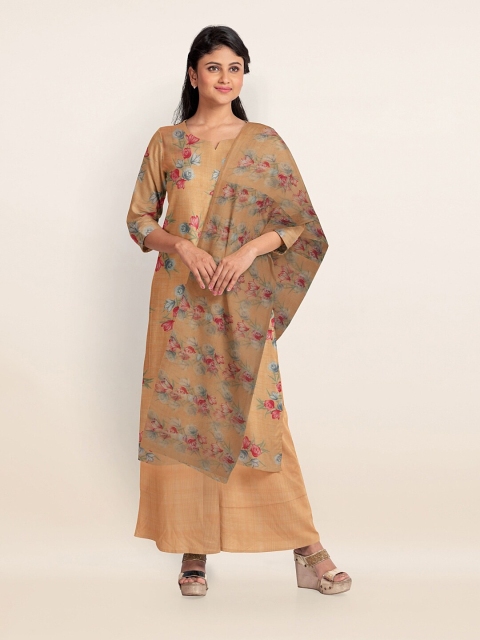 Pothys Peach-Coloured & Blue Printed Unstitched Dress Material