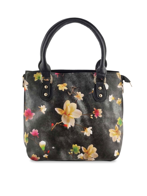 Mochi Black Floral Embellished PU Structured Handheld Bag