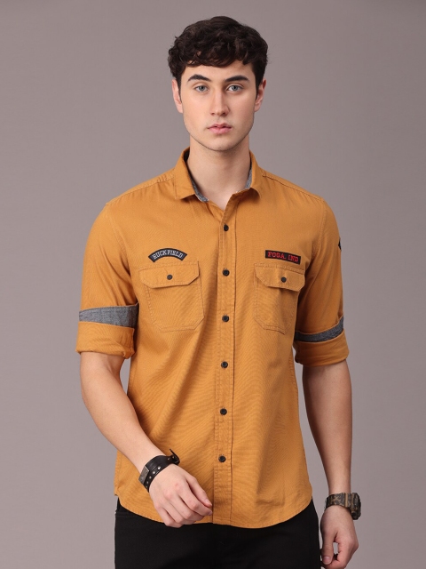 FOGA Men Mustard Slim Fit Double Pocket Pure Cotton Casual Shirt