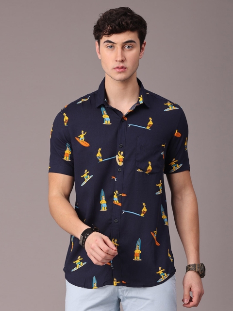 FOGA Men Blue Slim Fit Printed Casual Shirt