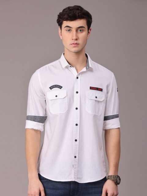 FOGA Men White Slim Fit Double Pocket Cotton Casual Shirt