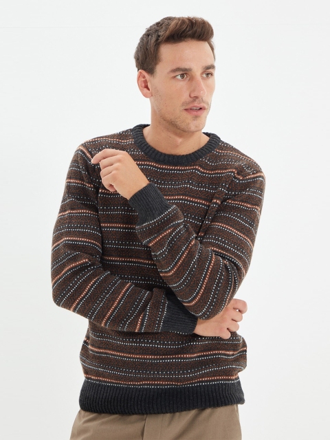 Trendyol Men Grey & Brown Striped Pullover