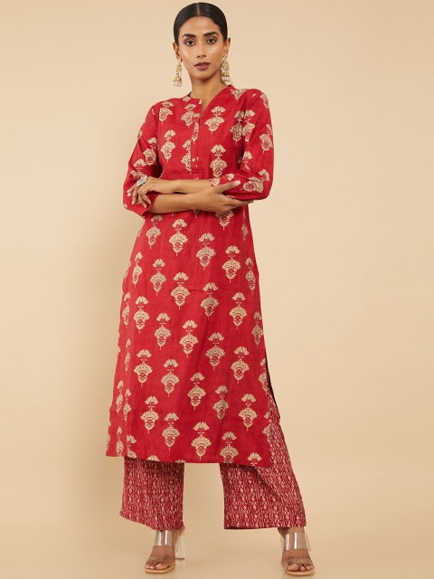 Soch Women Maroon Floral Printed Kurta with Palazzos