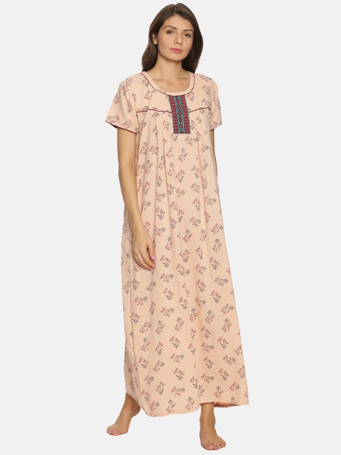 Charak Peach-Coloured Printed Maxi Nightdress