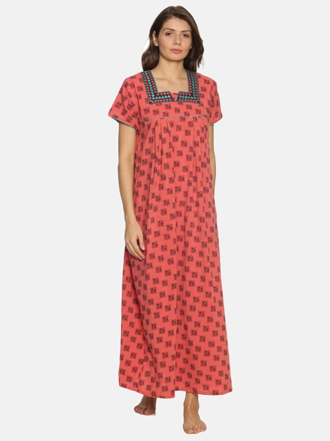 Charak Red & Mauve Geometric Printed Maxi Nightdress
