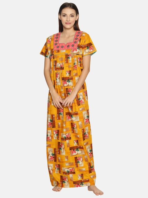 Charak Yellow Printed Maxi Nightdress