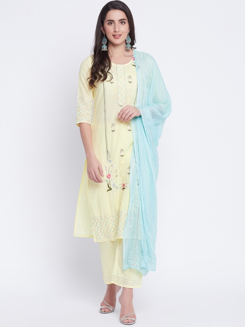Prakhya Women Yellow Floral Embroidered Empire Thread Work Kurta with Trousers & With Dupatta
Prakhya Women Yellow Floral Embroidered Empire Thread Work Kurta with Trousers & With Dupatta