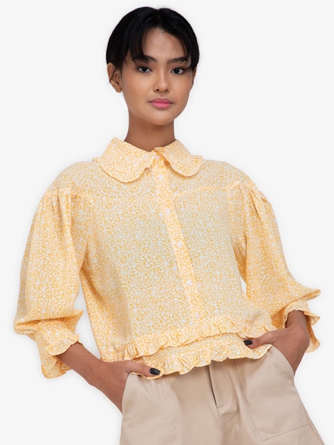 ZALORA BASICS Coral & White Floral Print Peter Pan Collar Ruffles Crop Top