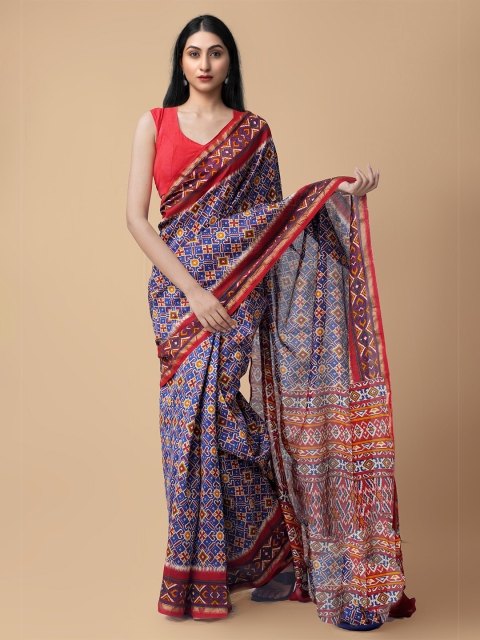 Unnati Silks Blue & Maroon Ethnic Motifs Silk Cotton Chanderi Saree