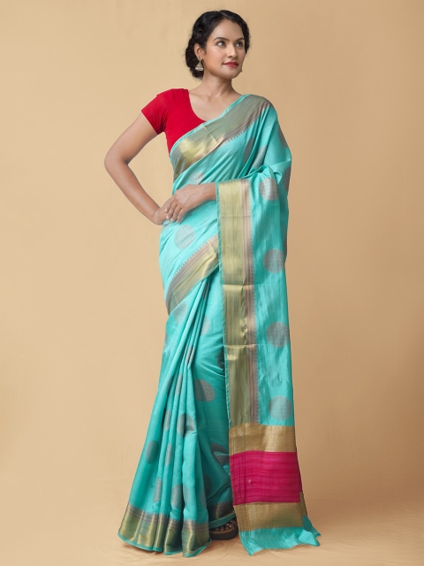 Unnati Silks Turquoise Blue & Fuchsia Woven Design Zari Silk Cotton Kanjeevaram Saree
Unnati Silks Turquoise Blue & Fuchsia Woven Design Zari Silk Cotton Kanjeevaram Saree