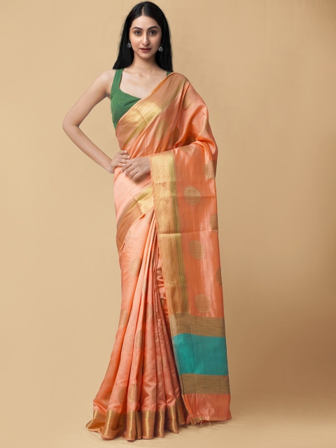 Unnati Silks Orange & Turquoise Blue Woven Design Zari Silk Cotton Kanjeevaram Saree
Unnati Silks Orange & Turquoise Blue Woven Design Zari Silk Cotton Kanjeevaram Saree
