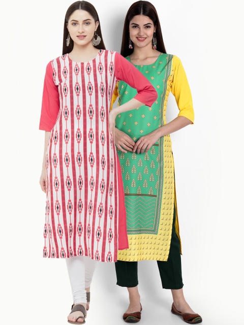 Ethnic basket Pack of 2 Women Pink & Yellow Ethnic Motifs Printed Crepe Kurta