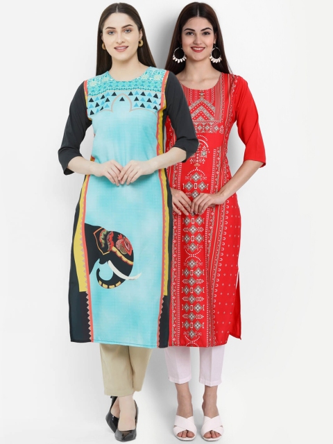Ethnic basket Women Multicoloured Pack of 2 Quirky Colourblocked Thread Work Crepe Kurta, Multi
Ethnic basket Women Multicoloured Pack of 2 Quirky Colourblocked Thread Work Crepe Kurta, Multi