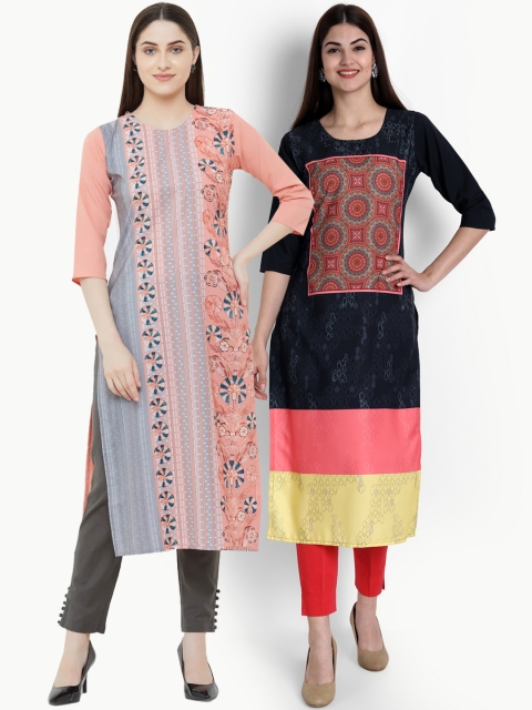 Ethnic basket Women Multicoloured Geometric Embroidered Crepe Kurta, Multi