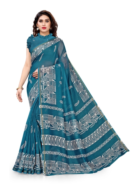KALINI Turquoise Blue & White Ethnic Motifs Saree