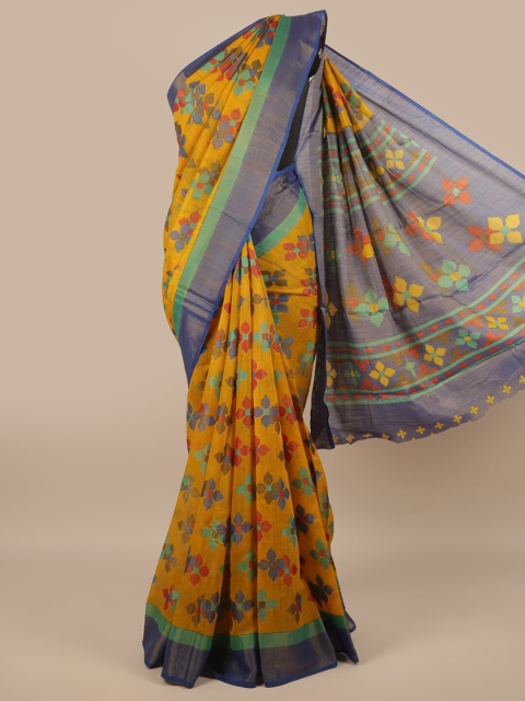 Pothys Mustard Printed Jute Silk Saree