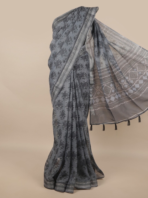 Pothys Grey Floral Zari Linen Blend Saree
