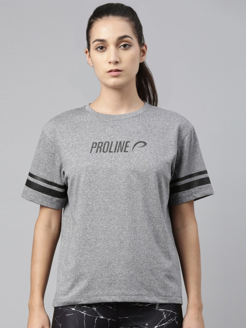 Proline Women Grey & Black Brand Logo Printed Extended Sleeves T-shirt