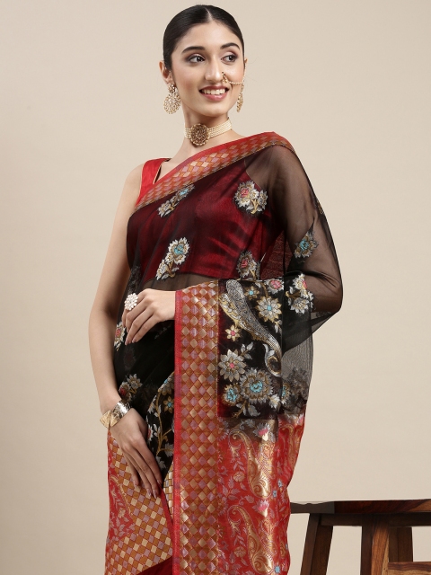 PERFECTBLUE Black & Red Ethnic Motifs Embroidered Organza Saree