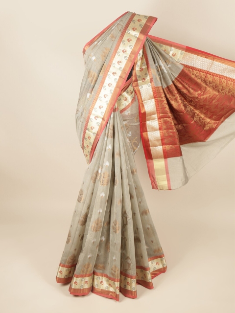 Pothys Grey & Red Floral Zari Saree