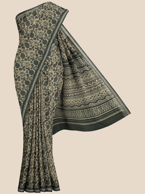 KLM Fashion Mall Beige & Black Floral Zari Linen Blend Saree