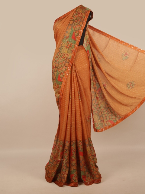 Pothys Rust & Green Floral Beads and Stones Saree