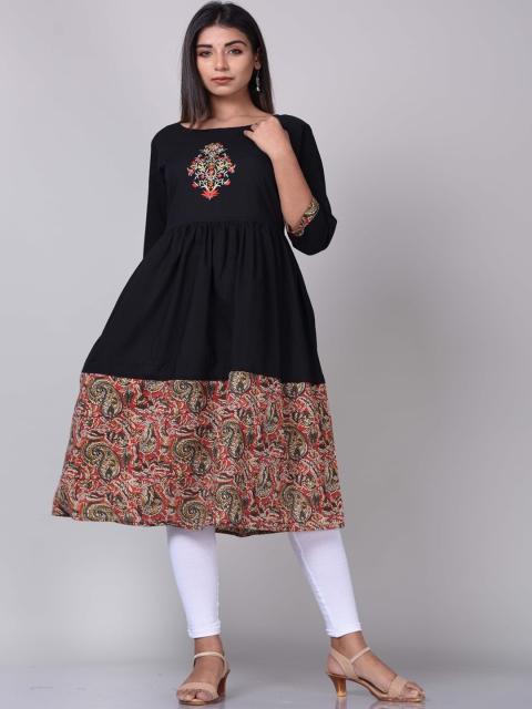 KALINI Women Black Floral Thread Work Anarkali Kurta