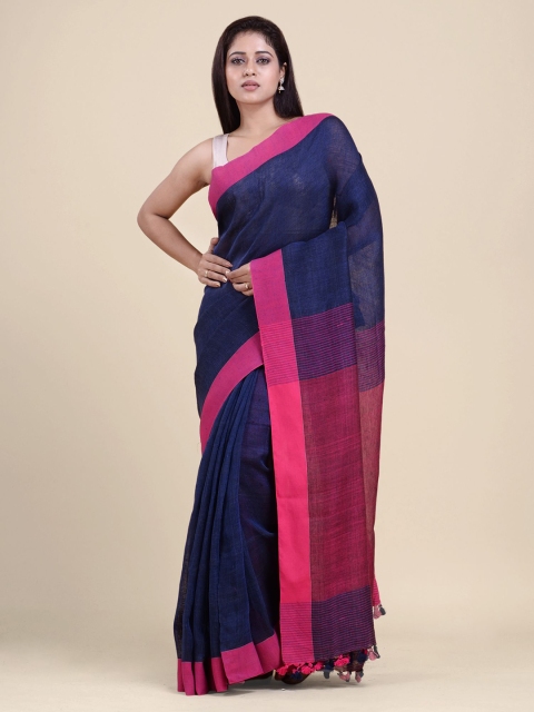 Charukriti Blue & Pink Pure Linen Saree