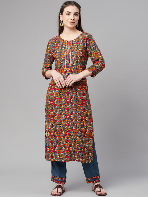 Ardozaa Women Multicoloured Ethnic Motifs Printed Kurta with Trousers, Multi 
Ardozaa Women Multicoloured Ethnic Motifs Printed Kurta with Trousers, Multi