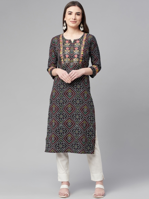 Ardozaa Women Black Geometric Printed Thread Work Kurta