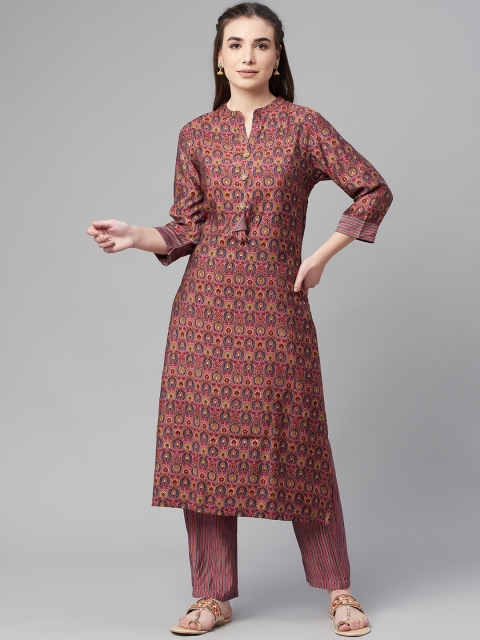 Ardozaa Women Mauve Ethnic Motifs Printed Chanderi Silk Kurta with Trousers