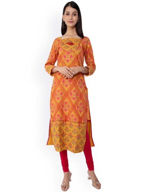 KALINI Women Yellow & Pink Floral Printed Straight Kurta