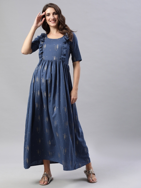 Swishchick Navy Blue Ethnic Motifs Printed Ruffled Cotton Maternity Fit & Flare Maxi Dress
Swishchick Navy Blue Ethnic Motifs Printed Ruffled Cotton Maternity Fit & Flare Maxi Dress