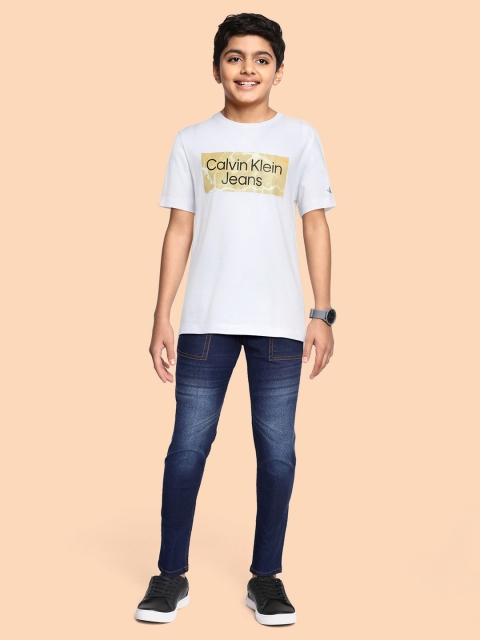 Calvin Klein Jeans Boys White Brand Logo Printed Pure Cotton T-shirt