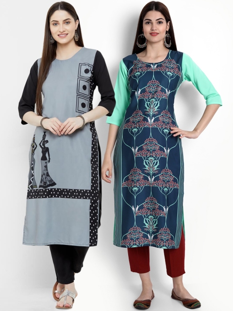 Ethnic basket Women Grey & Navy Blue Pack Of 2 Printed Crepe Kurtas