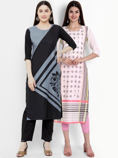 Ethnic basket Women Pack Of 2 Black & Grey Printed Crepe Kurta