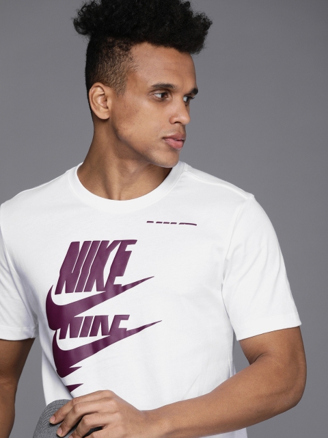 Nike Men White & Purple Brand Logo Printed Pure Cotton T-shirt
