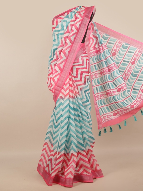 Pothys Pink & Blue Linen Blend Saree