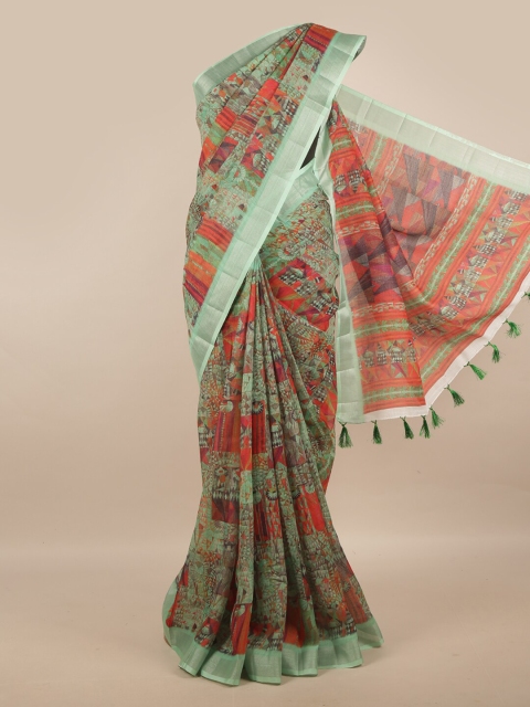 Pothys Green & Red Zari Linen Blend Saree