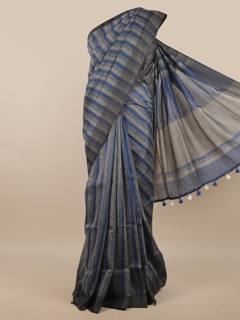 Pothys Blue & Grey Striped Linen Blend Saree