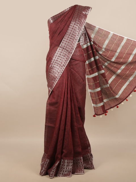 Pothys Maroon & Silver-Toned Zari Linen Blend Saree