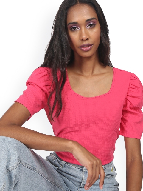 Sugr Pink Solid Square Neck Puff Sleeved Top